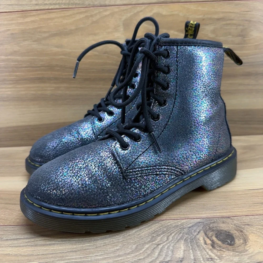 Dr Martens Combat Boots Girls Size 2 Metallic Pewter Leather Lace‎ Up